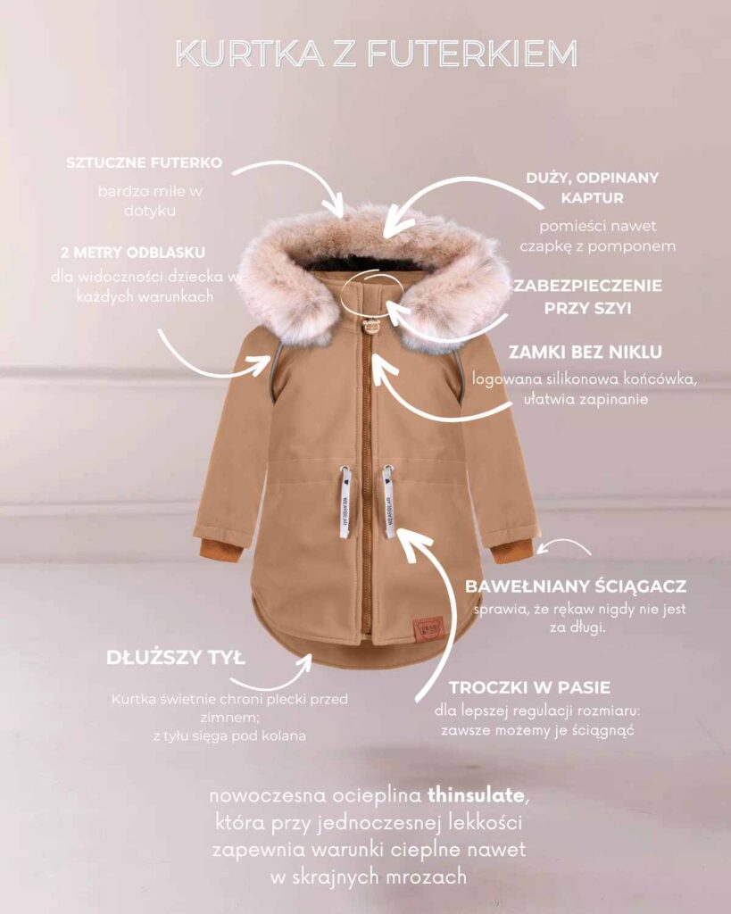 beżowa zimowa kurtka z futerkiem i odblaskami