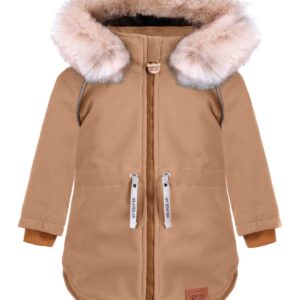 beżowa zimowa kurtka z futerkiem i odblaskami