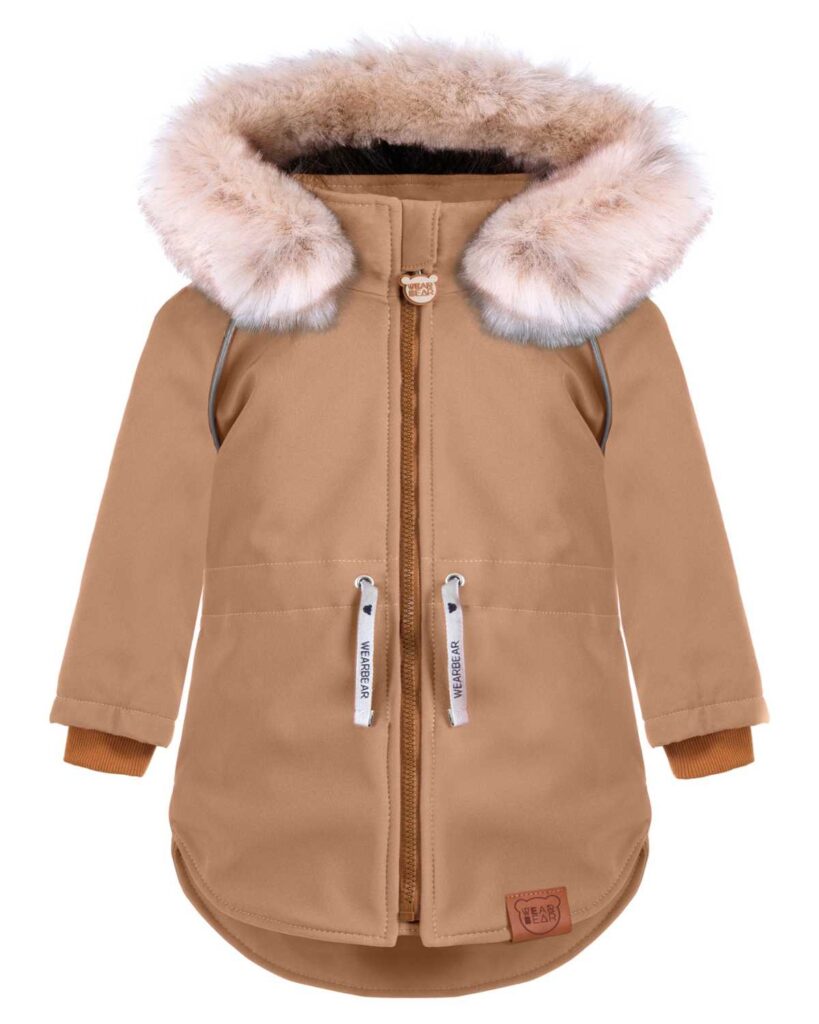 beżowa zimowa kurtka z futerkiem i odblaskami