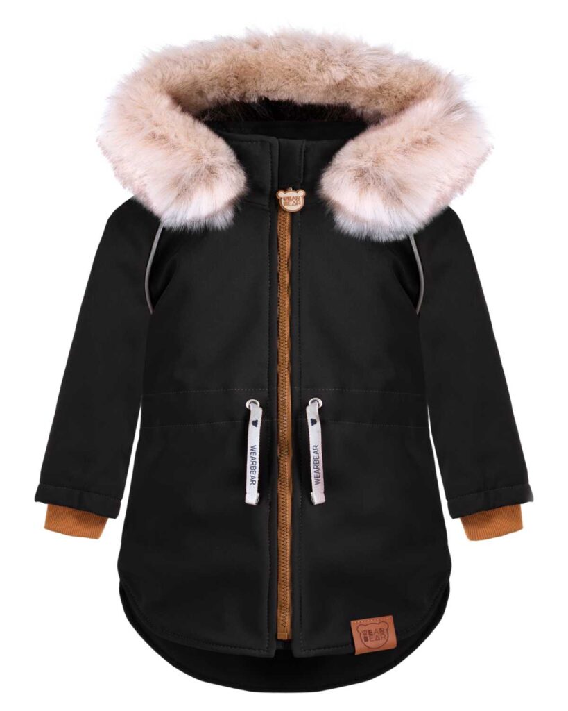 czarna zimowa kurtka dziecięca softshell z odblaskami strojmisie