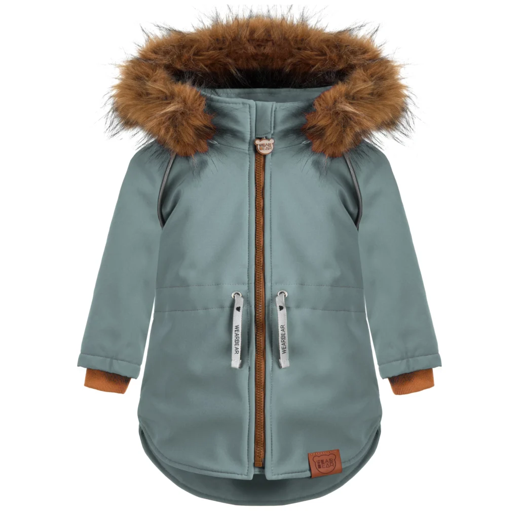 miętowa kurtka zimowa dla dzieci z futerkiem i odblaskiem