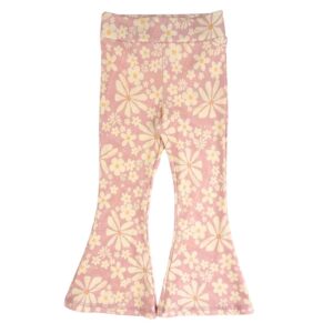 dzwony dziewczęce z dzianiny prążowanej różowe w nadruk kwiecisty