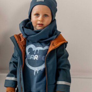 niebieska kurtka softshell i czapka bawełniana chłopięca strojmisie