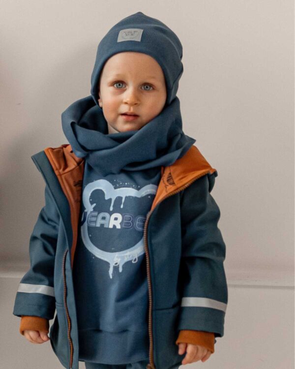 niebieska kurtka softshell i czapka bawełniana chłopięca strojmisie