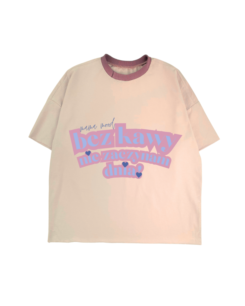 tshirt ecru damski z nadrukiem różowo-niebieskim bez kawy nie zaczynam dnia