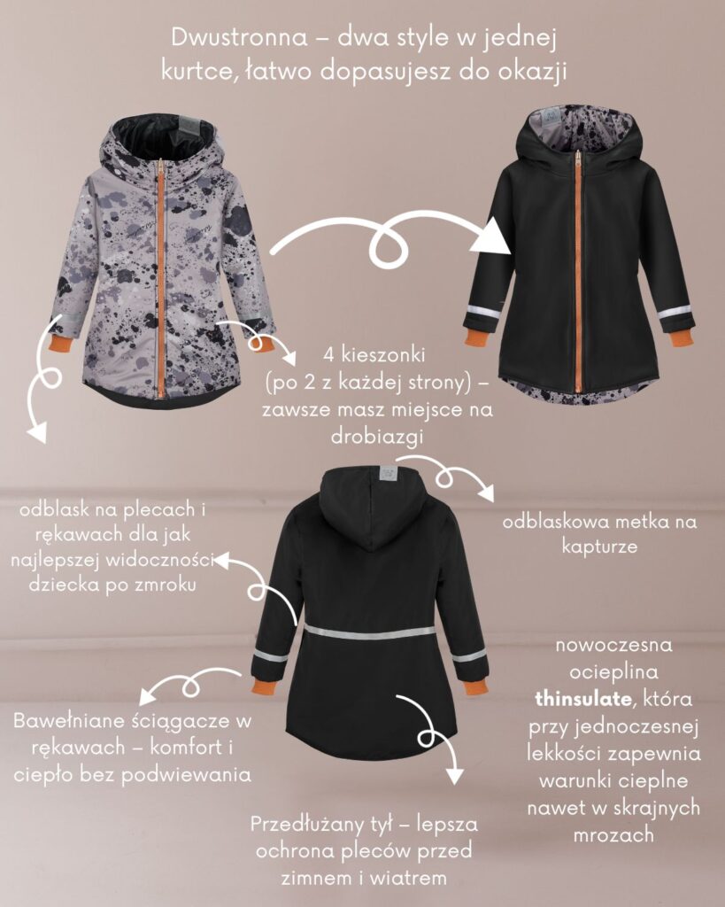 czarna dwustronna kurtka dziecięca z ociepleniem thinsulate