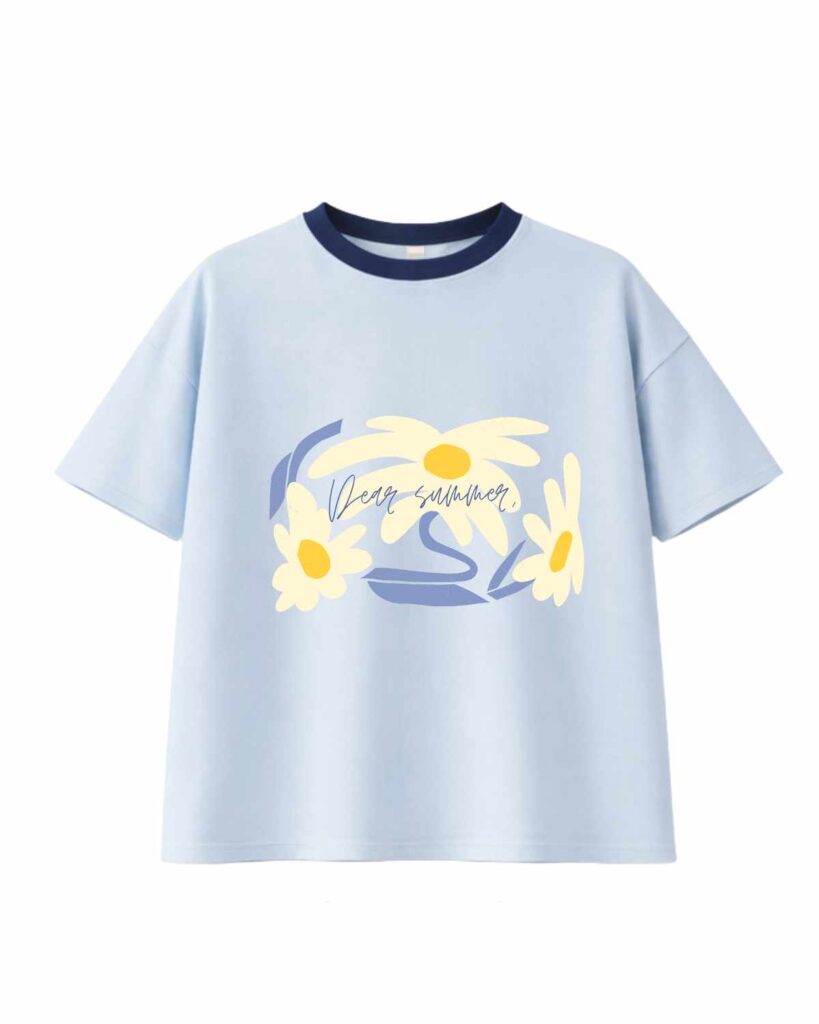 tshirt dziewczęcy błękit jasny niebieski z kwiatkami dear summer